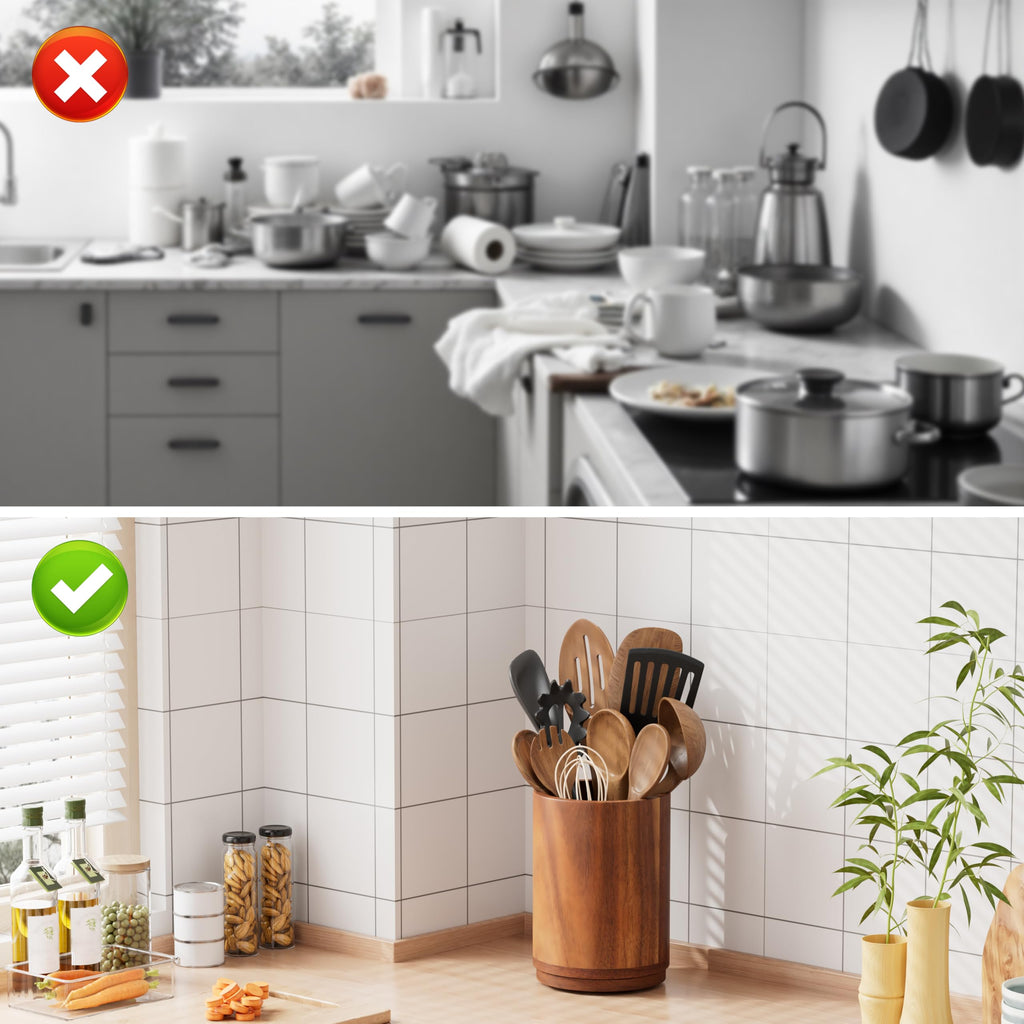 Utensil Holder, 360° Rotating Acacia Wood Kitchen Utensil Holder for Counter, 7.2" Large Cooking Utensil Crock