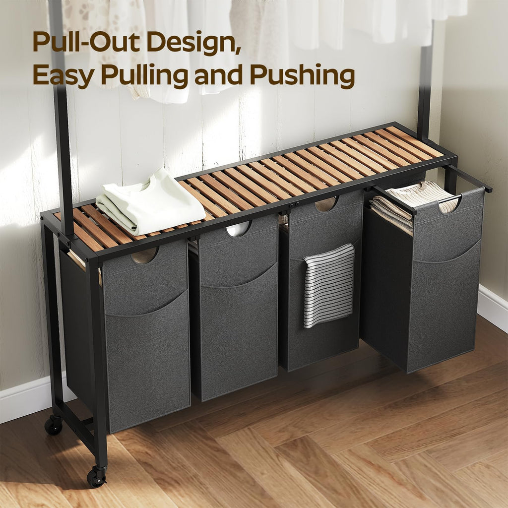 Laundry Sorter 4 Section, Rolling Laundry Hamper with Hanging Rack, Laundry Sorter with Wheels, Hampers for Laundry