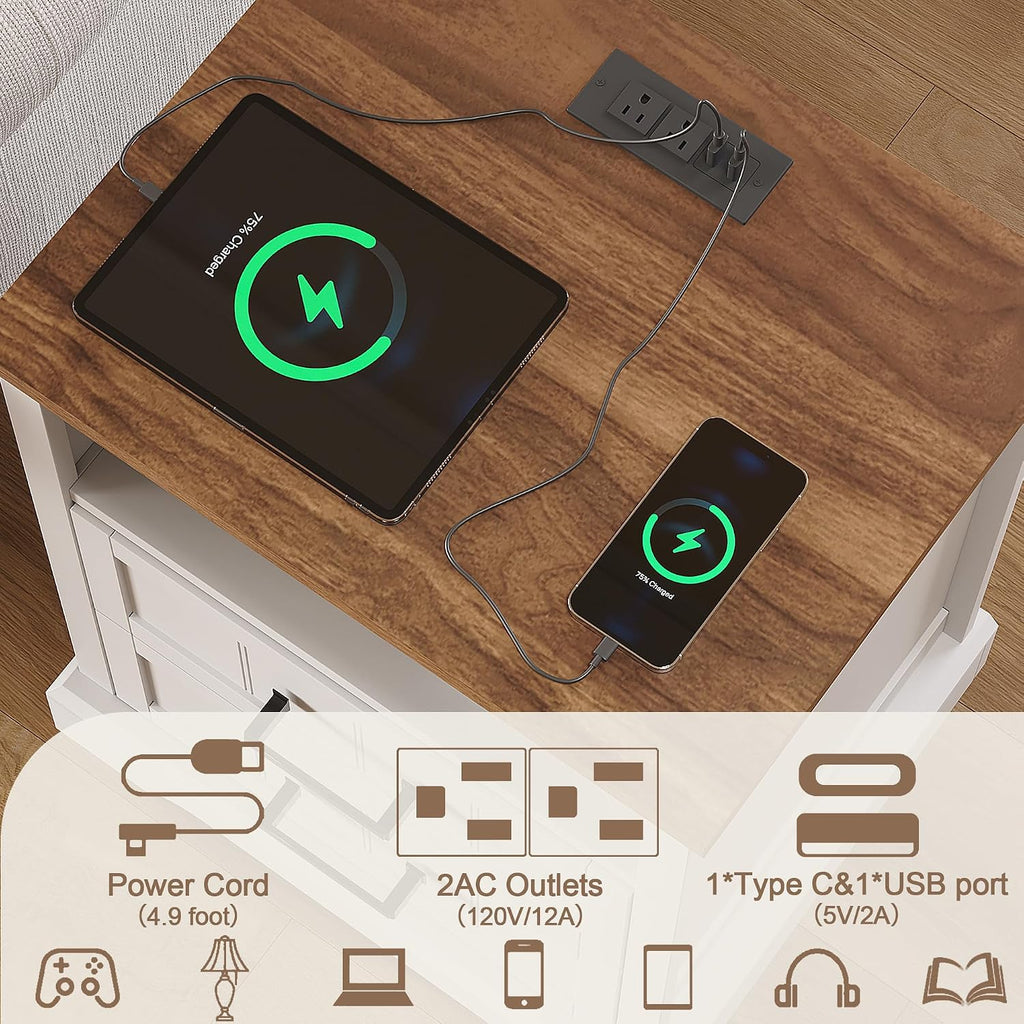 Farmhouse Night Stands with Charging Station, Wood Nightstand Set of 2 with 2 Drawers, Bedside Table with Open