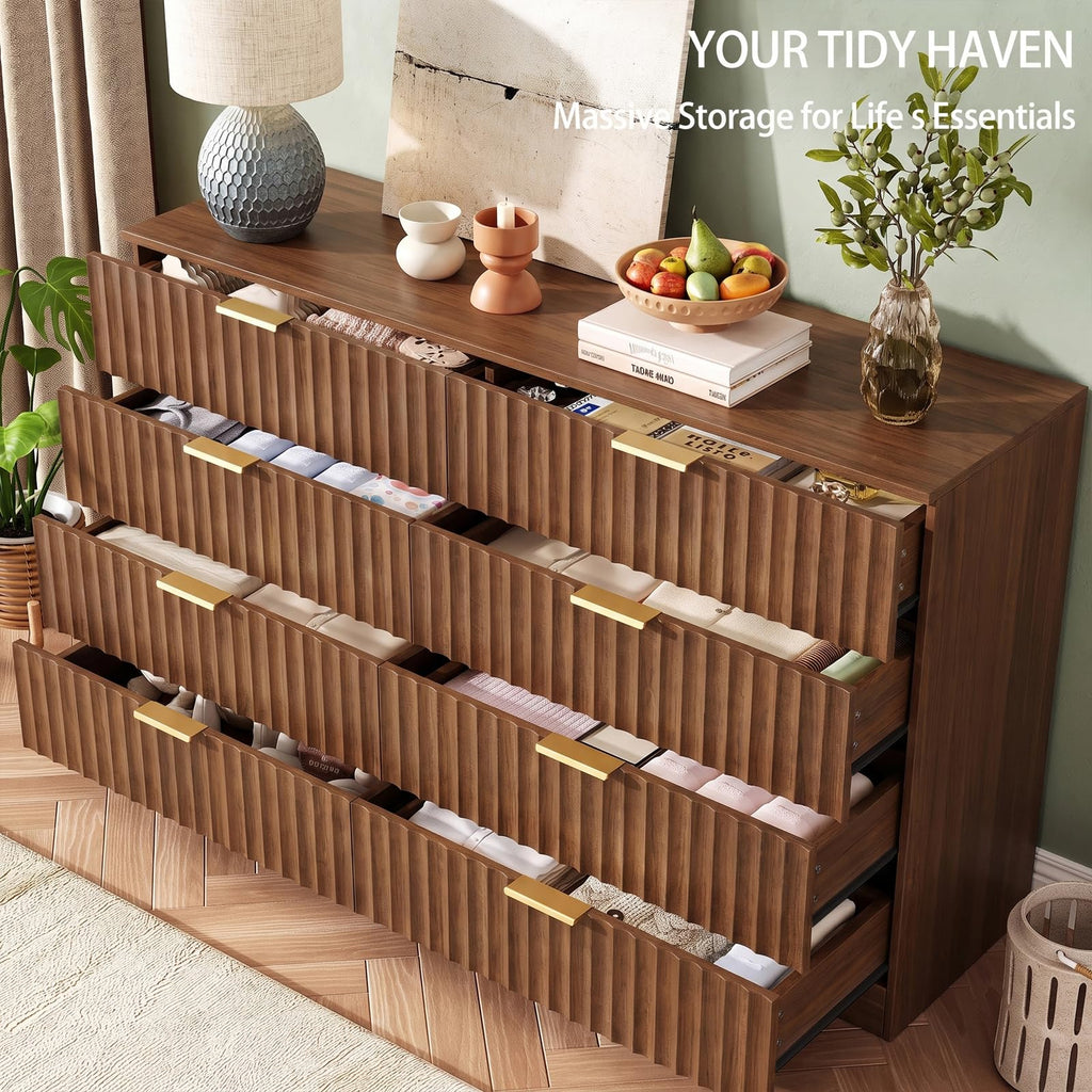 47.2" Wide Fluted 8 Drawer Dresser, Walnut