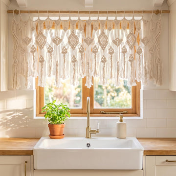 Boho Macrame Valance, Handmade Cotton Woven Window Curtain Bedroom, 52x21 Inches Decorative Farmhouse Window Treatment