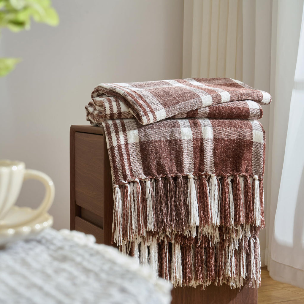 Chenille Throw Blanket Knotted Tassels 50x60, Dark Brown Plaid