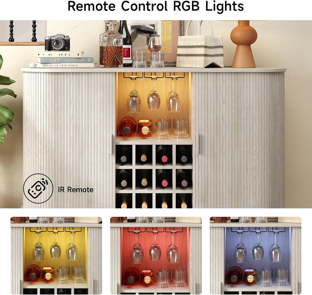 55" Fluted Wine Bar Cabinet with LED Light White | Liquor Coffee Bar Cabinet, with Wine Rack and Glass Holder
