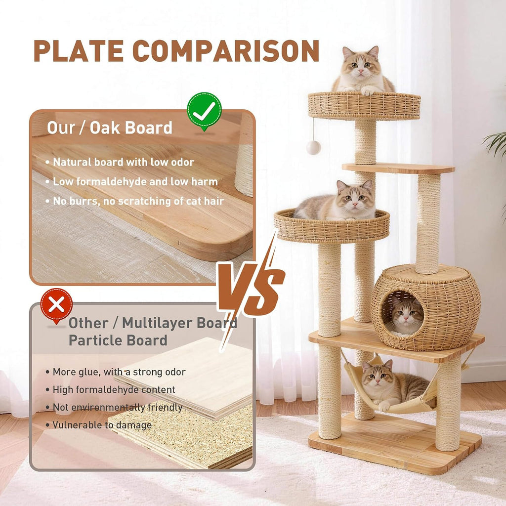 Wooden Cat Tree for Large Indoor Cats, 55in Modern Tall Cat Tower