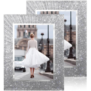 5x7 Picture Frame Glass 2 Pack, Sparkly Glitter Photo Frame 5 x 7 Mirror Crystal Wedding Gift Wall and Tabletop
