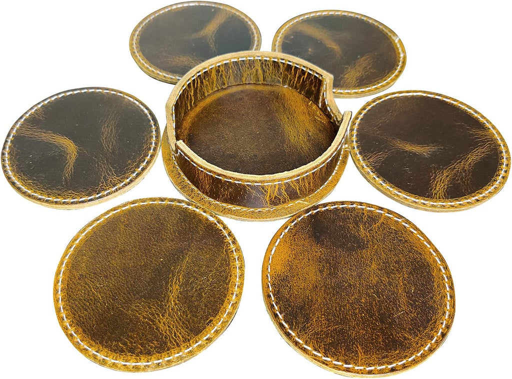 Leather Coasters for Drinks - Cup Coasters Coffee Table Kitchen Table Bar, Home & Office Gifts Handmade Drink Coasters - Set of 6