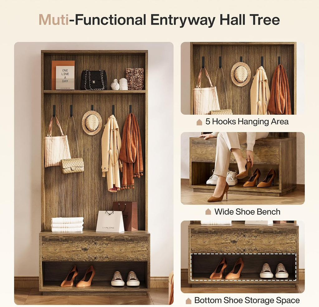 Hall Tree with Bench and Shoe Storage, Entryway Coat Rack with Shoe Bench and Drawer, 5 Hooks, Freestanding Hall Tree