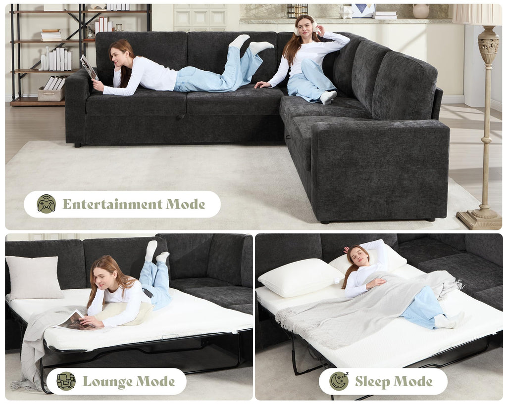 106" Sleeper Sofa, Sectional with Pull Out Bed with Storage, Gray