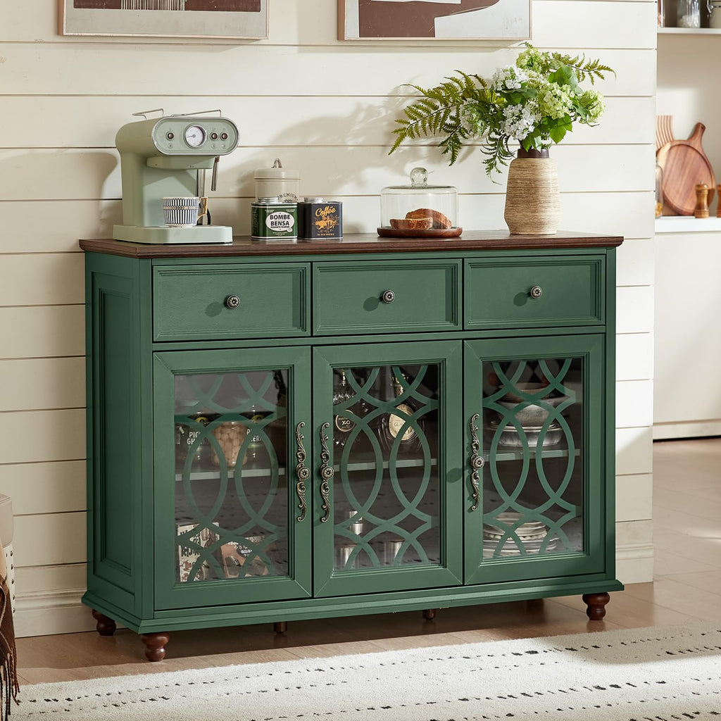 Large Sideboard Buffet Cabinet with Storage, 48" Credenza with 3 Glass Doors & 3 Drawers, Adjustable Shelves Coffee