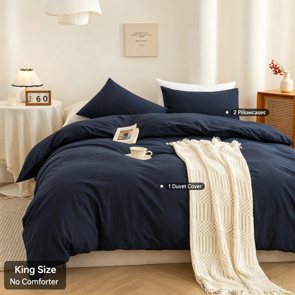Cotton 3 Pcs Duvet Cover Set Linen Feel Navy Blue King