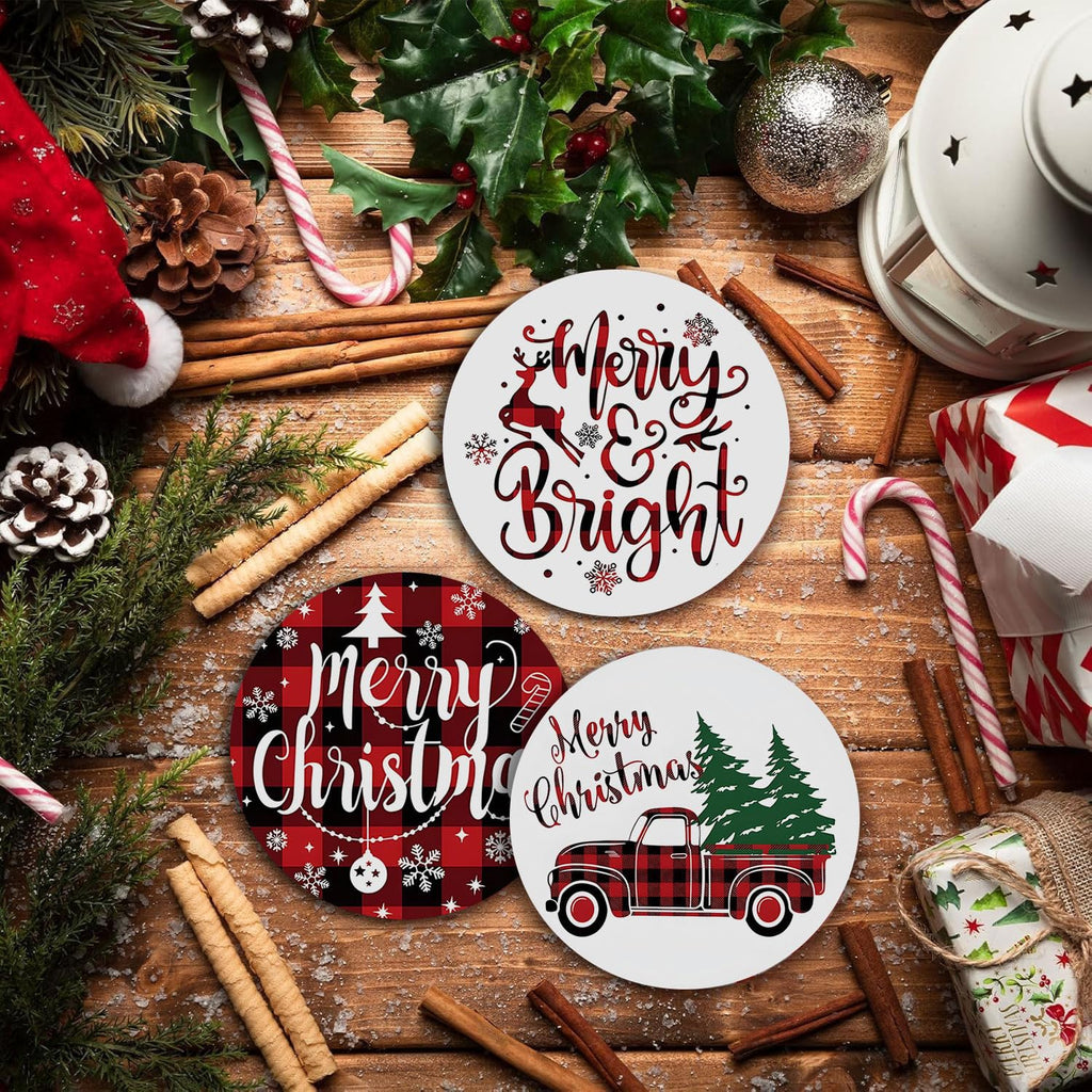 Christmas Absorbent Coasters with Holder Set of 6, Ceramic Stone with Cork Base, Red Buffalo Plaid Design Coaster for