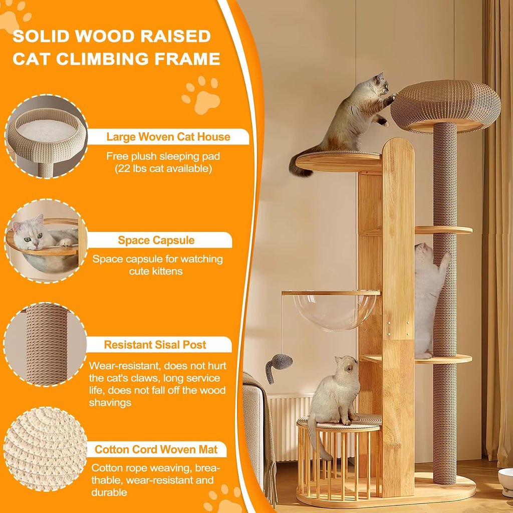 Solid Wooden Cat Tree Tower for Indoor Cat Large Adult with Scratching Post