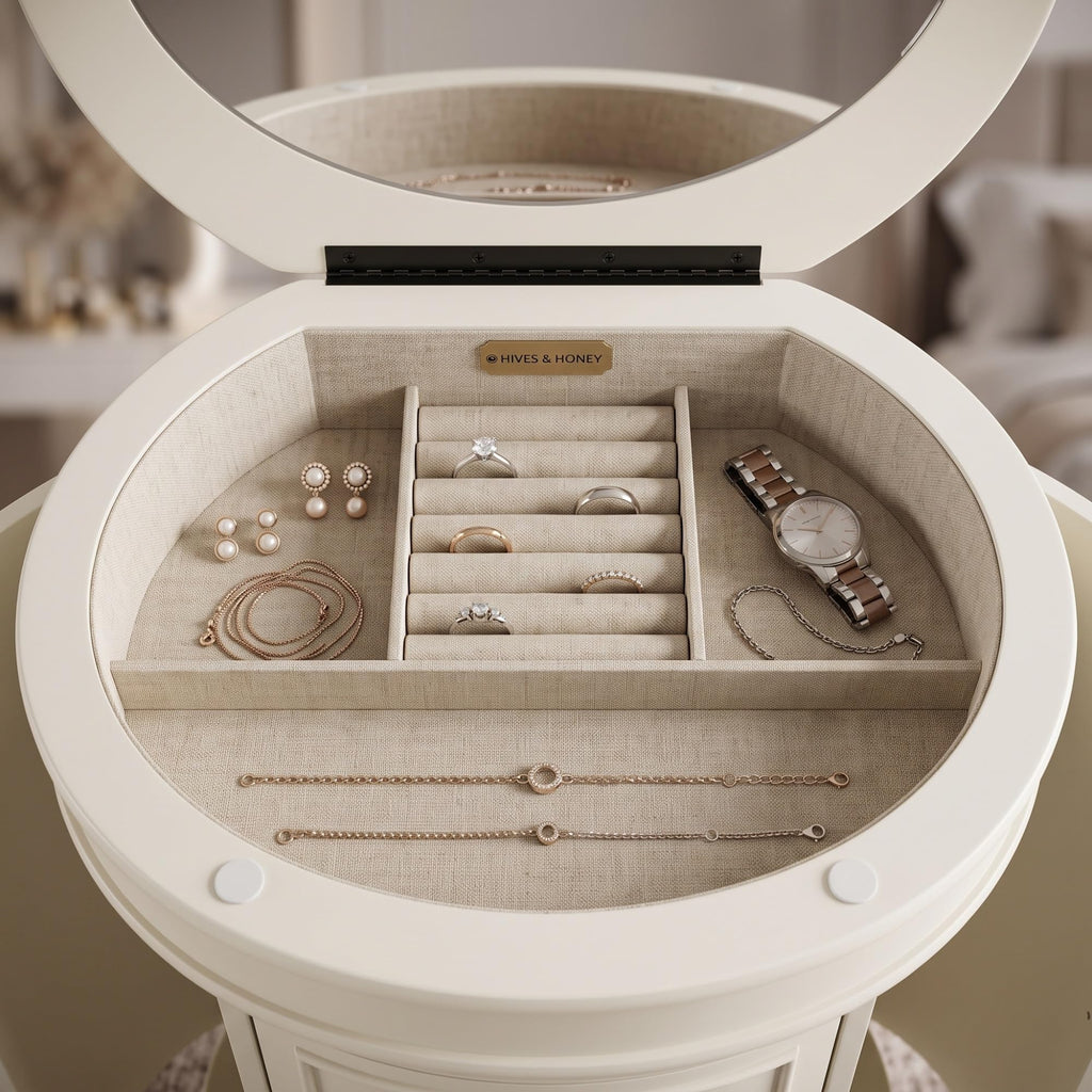 Bailey Oval Standing Jewelry Armoire Cabinet, Jewelry Storage Organizer with Mirror Lid, Side Doors, 7 Drawers
