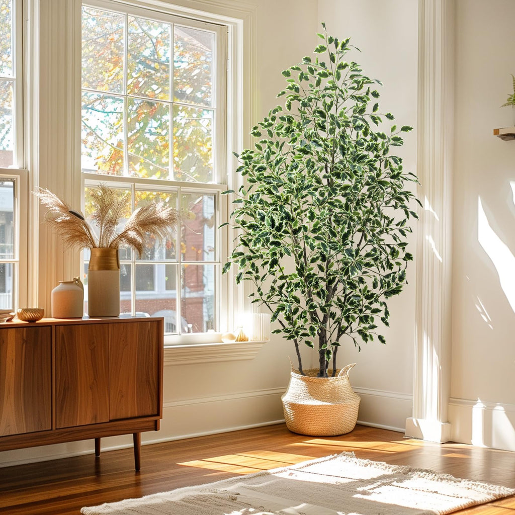 Artificial Ficus Tree Indoor 6ft, Faux Tree with Realistic Silk Leaves & Trunk Corner Decor