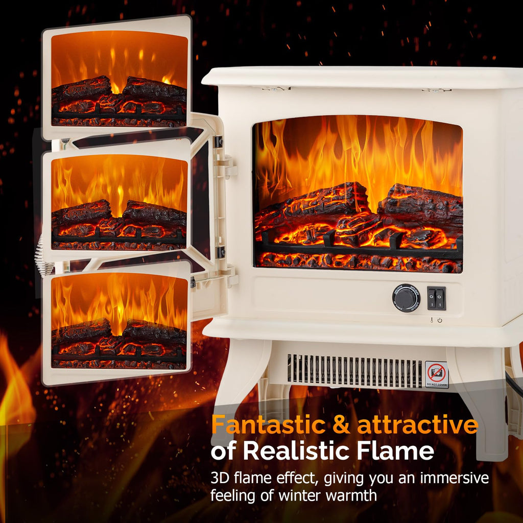 20" H Electric Fireplace Stove Space Heater, 1400W Portable Freestanding with Thermostat, Realistic Flame Logs