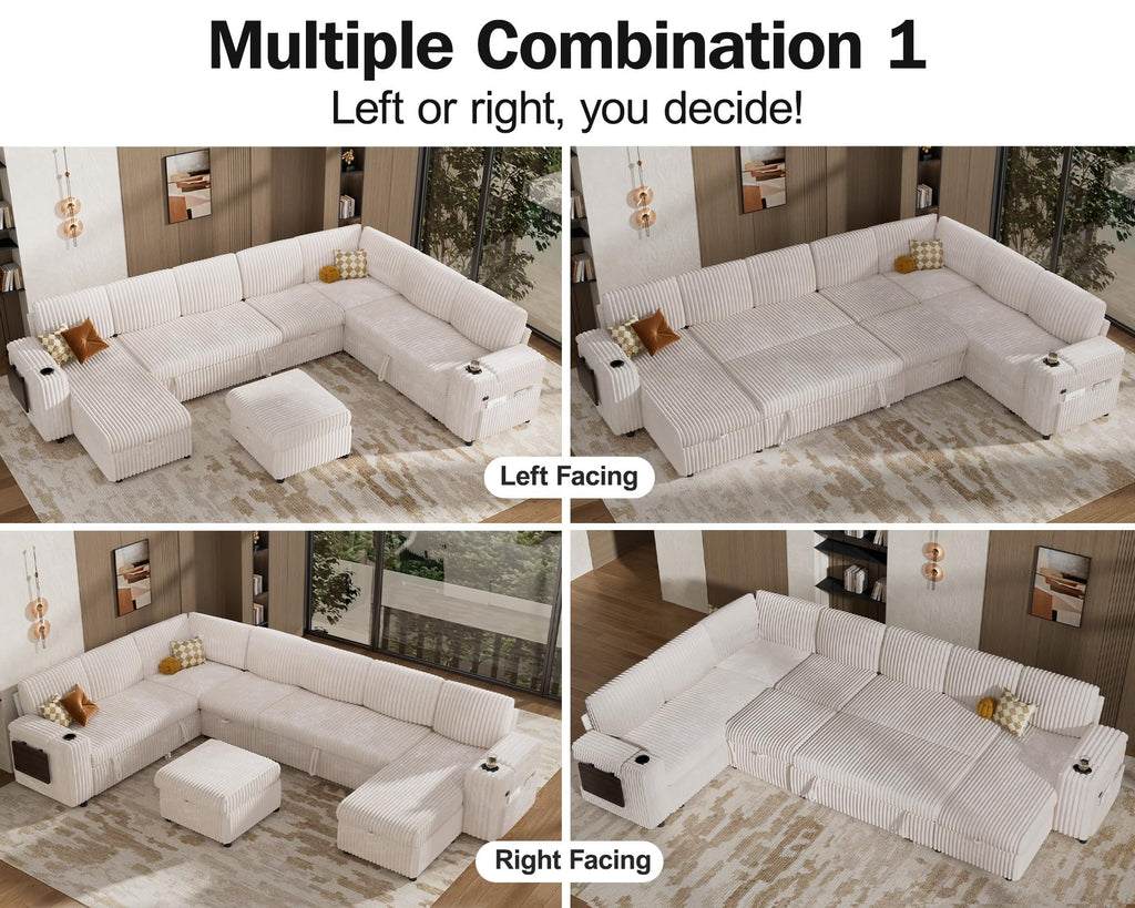 130" Modular Sectional Sleeper Sofa with Pull Out Bed, 9 Seat Corduroy L Shaped Couch with Ottoman and Chaise|USB