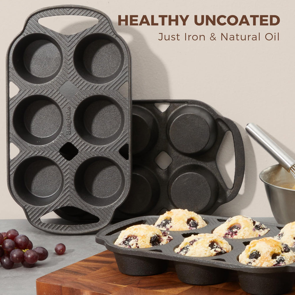 Everline Collection Cast Iron Muffin Pans, Non toxic Uncoated 6-Cup Muffin Tins, Non-Stick Pre-Seasoned Cupcake Tray