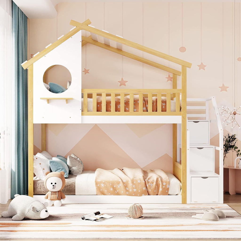 Wood Twin House Bunk Bed with Stairs, Kids Twin Bed Frame with Window and Roof