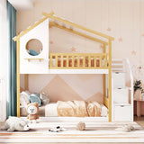 Twin Over Twin Bunk Bed with Stairs, Stairway House Bunk Bed Frame with Storage and Guard Rail for Kids Girls Boys
