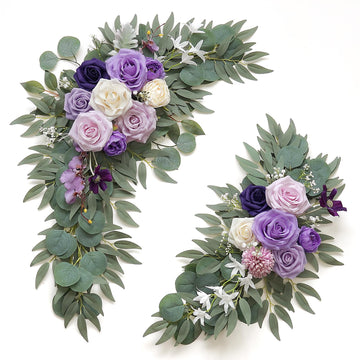 Faux Flower Swag Set of 2 for Wedding Welcome Signs Floral Decorations, Purple Wedding Arch Flowers for Wedding