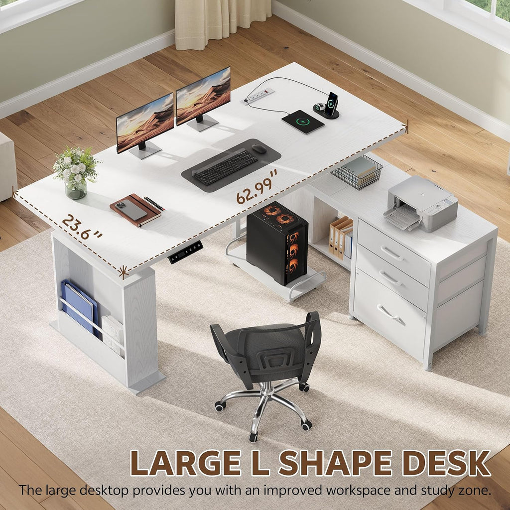 63'' L Shaped Desk with 3 Drawers Electric Standing Desks White | with Storage Computer Desk Adjustable Height with
