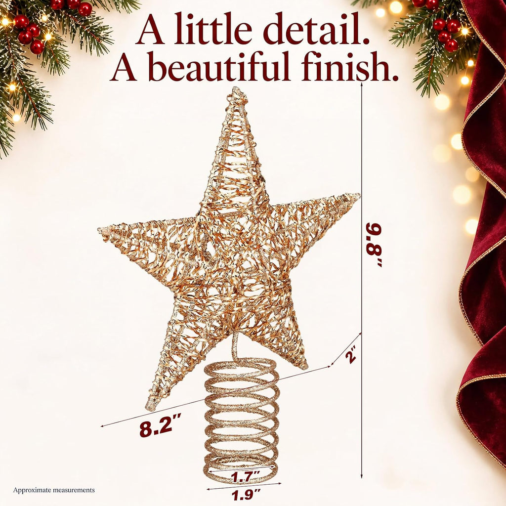 10 Inch Champagne Star Christmas Tree Gold Topper Hollow Glitter