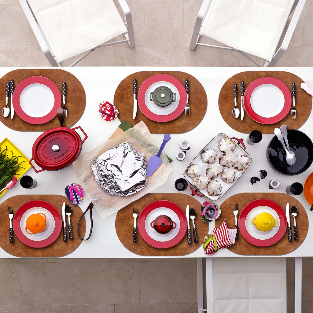 Oval Placemats Set of 6, Wipeable Faux Leather, Turmeric Brown