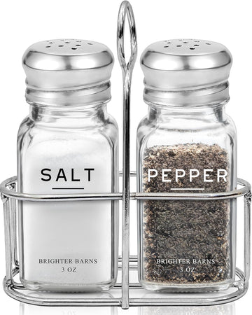 Glass Salt and Pepper Shakers Set with Holder by - Modern Kitchen Decor, Dining Table Countertop Accessory - Cute - Set of 2