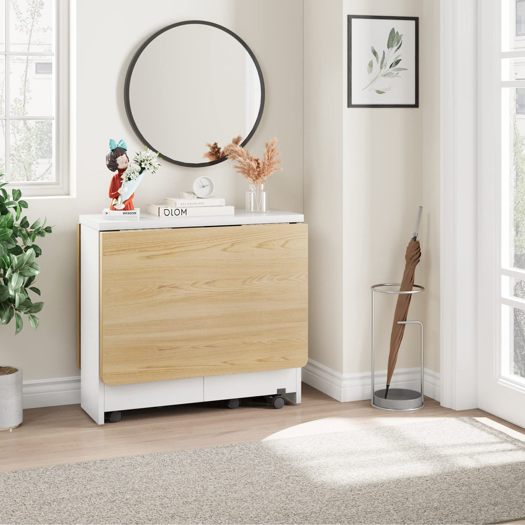 FoldingTable, Drop Leaf Dining Table with 6 Wheels and 2-Layer Storage Shelf, Space Saving Table for Small Spaces