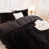 Queen Comforter Set Black, Fluffy Winter Faux Fur Warm Soft Plush Bedding Comforter Set (1 Velvet Comforter & 2