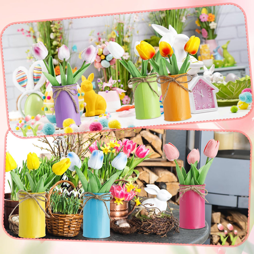 12 Sets Easter Centerpieces for Tables Easter Office Decorations Spring Artificial Tulip with Galvanized Metal Pot