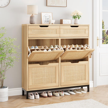 Rattan Shoe Cabinet with 4 Flip Drawers and 2 Drawers, Narrow Freestanding Shoe Storage Cabinet with Metal Legs
