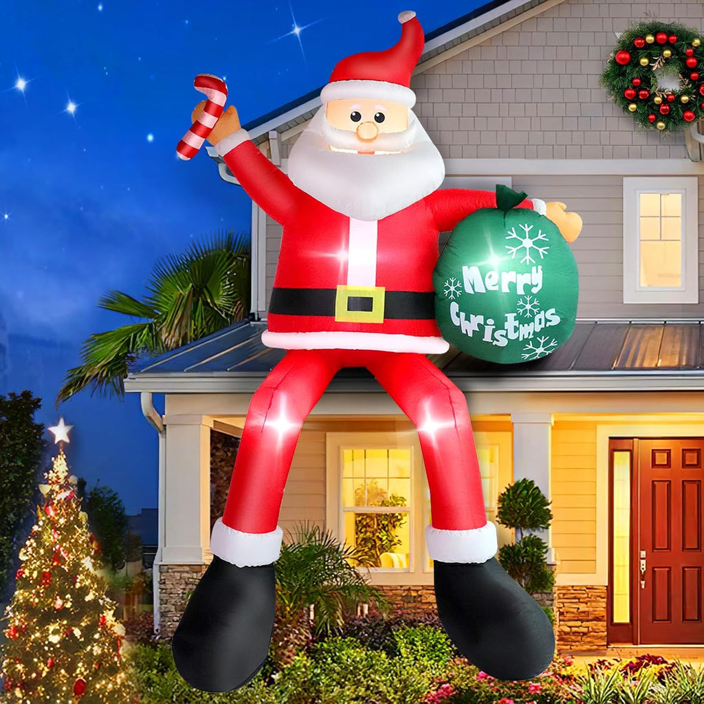 8 FT Christmas Inflatable Santa Claus Outdoor Decorations, Blow up Sitting Santa Claus with Gift Bag, Climbing Santa