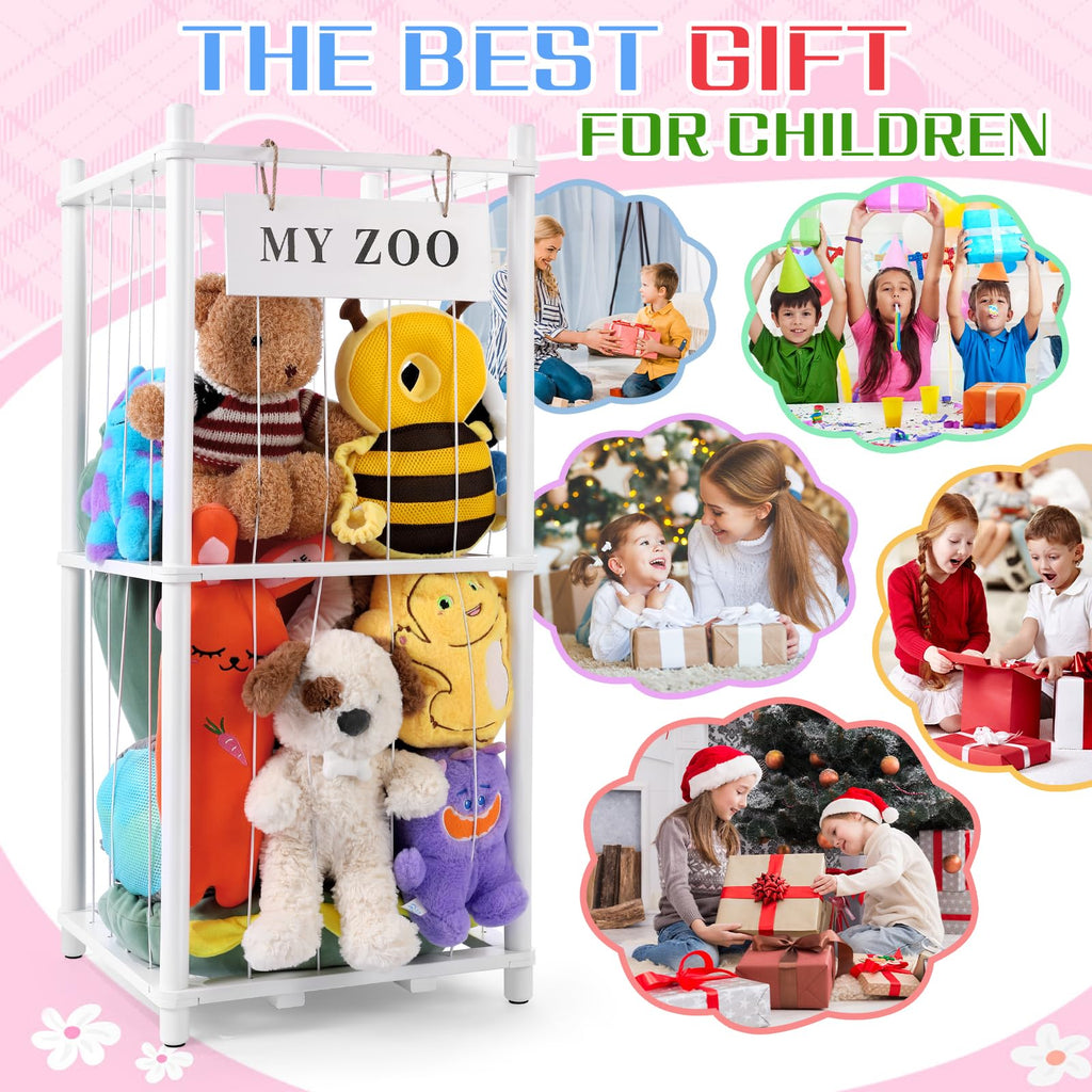 Stuffed Animal Storage Zoo, Wooden Stuffed Animal Organizer with Elastic Cords for Boys Girls, Space Saving Toy