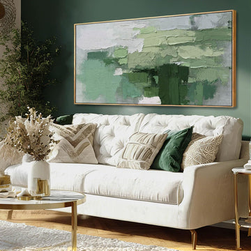 Green Abstract Textured Canvas Prints 24x48 Inch, Large Framed Wall Art with Wooden Frame, Modern Nature Home