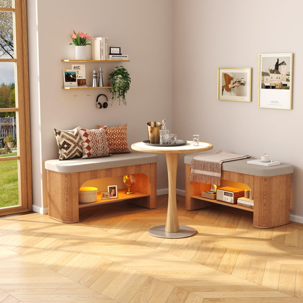 40.2" Fluted Storage Bench with Built-in LED Light, Flip-Top Shoe Bench with Cushioned Seat and Open Storage
