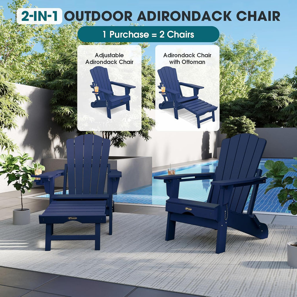 Folding Adirondack Chairs Set of 2, Outdoor Patio Fire Pit Chairs | Adjustable HDPE Chairs with Footrest, Retractable