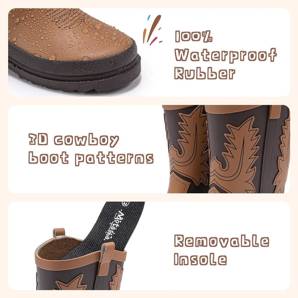 Cowboy Kids Rain Boots Waterproof Rubber Boots for Boys and Girls