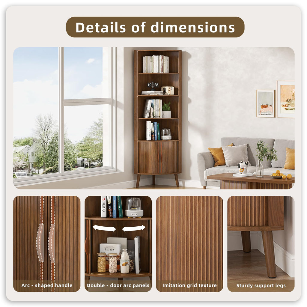 66'' Tall Corner Bookshelf with 2 Fluted Sliding Doors, Walnut