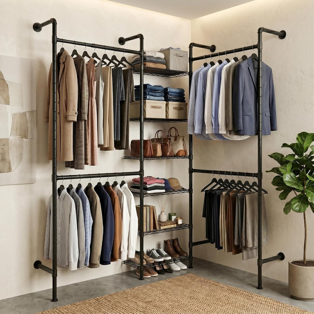 F3 Wall Mounted Closet System, Industrial Pipe Clothing Rack for Hanging Clothes, Heavy Duty Closet Organizer System