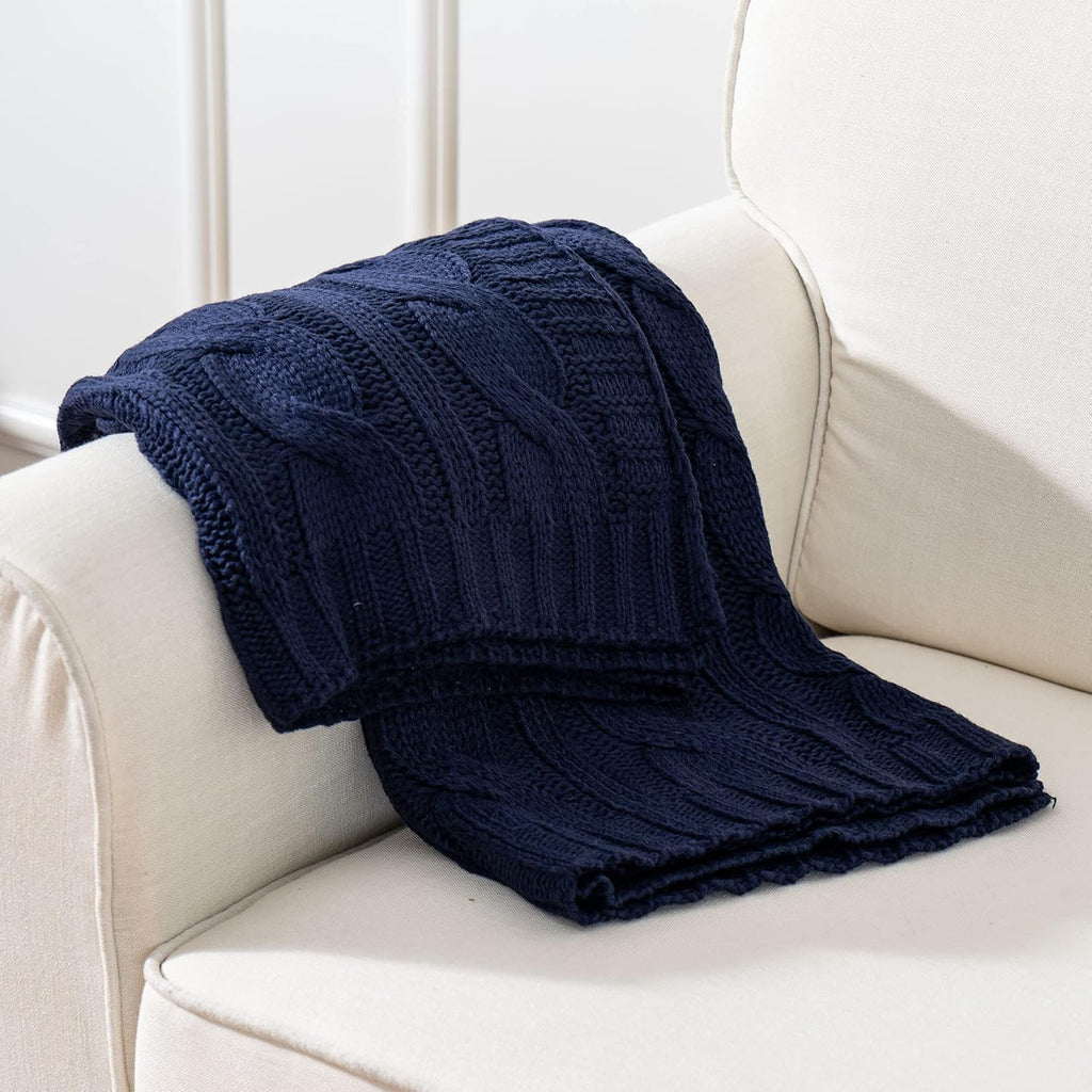 Navy Cable Knit Throw Blankets, Super Soft Warm Cozy Decorative Knitted Throw Blanket, Chair 50"x60"
