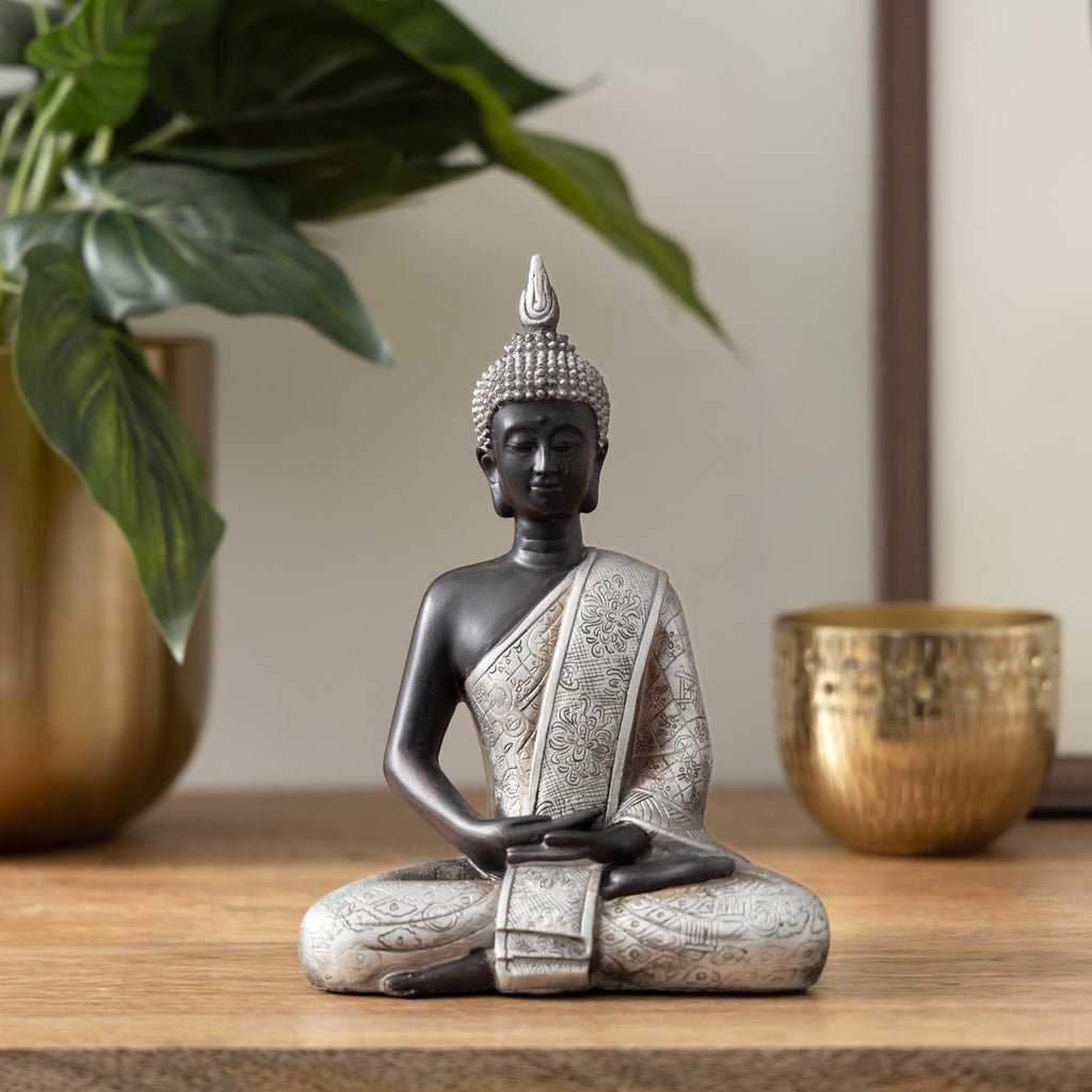 Polystone Buddha Decorative Sculpture Meditating Home Decor Statue with Engraved Carvings and Relief Detailing