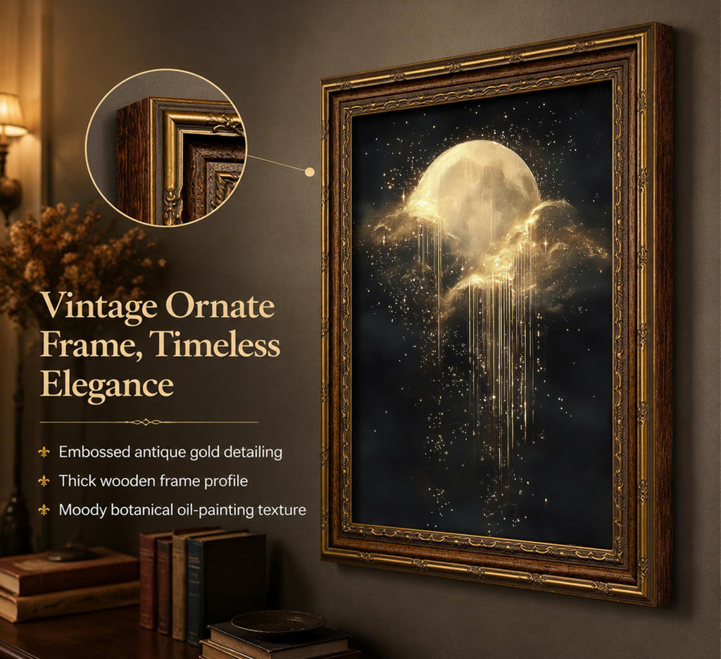 Vintage Gold Framed Moon Cloud Wall Art, Dark Academia Sky Canvas Print