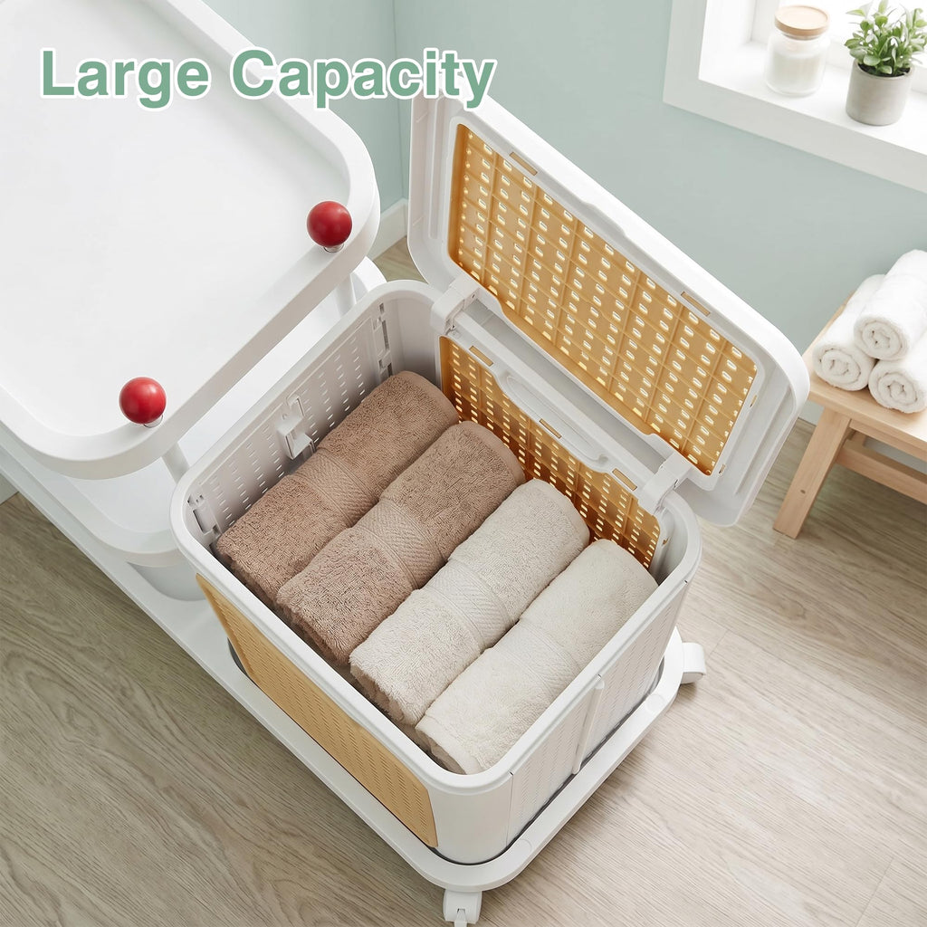 Rattan-Style Rolling Laundry Hamper Cart, 3-Tier Storage Shelf with Wheels, Foldable Plastic Laundry Basket with Lid