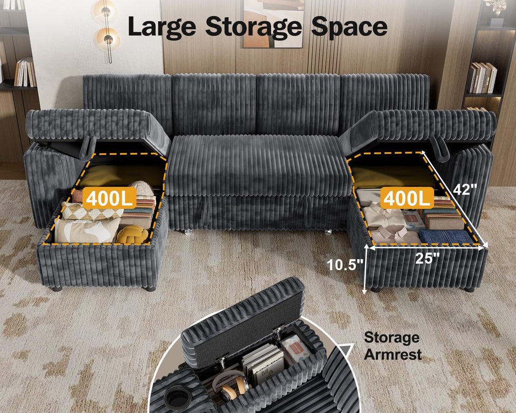 108" Modular Sectional Sleeper Sofa with Pull Out Bed, 4 Seat Plush Corduroy U Shaped Couch with USB Ports|Cup