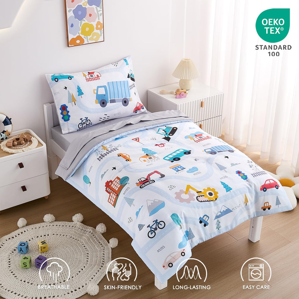 4-Piece Cars Toddler Bedding Set for Boys Girls- Soft & Skin Friendly Toddler Bed Set Includes Toddler Comforter