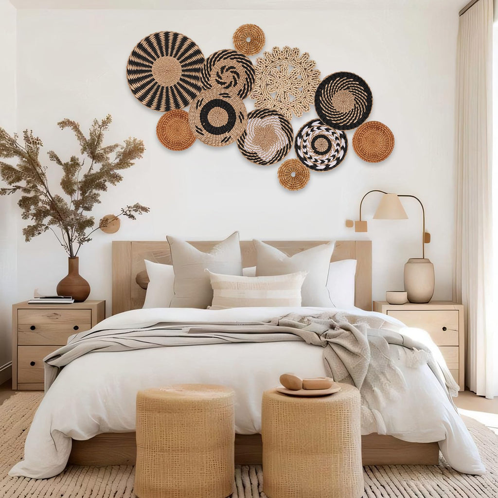 Boho Wall Basket Decor Set of 11 - Hanging Woven Bulrush Basket Wall Decor, Handcrafted Round Flat Baskets Wall Art