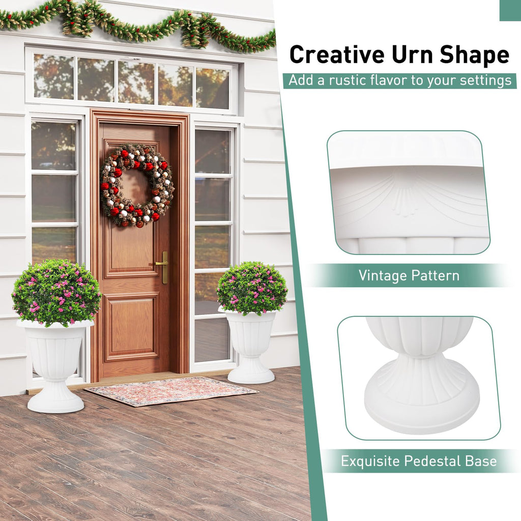 18" Tall Vintage Planters Set of 4, Urn Plastic Flower Pots with/Pedestal Base & Pre-Marked Drain Hole, Indoor