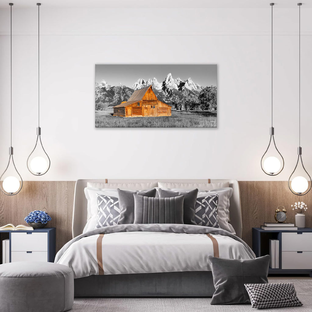 Barn Mountain Large Wall Art Farmhouse Pictures Wall Decor Black and White Country Canvas Print Painting Modern Home
