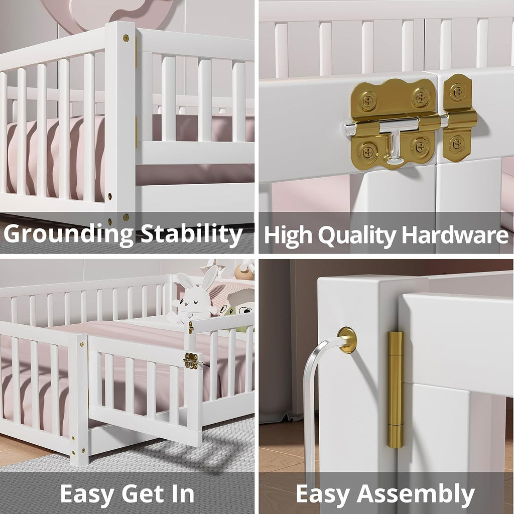 Twin Floor Bed for Children, Sturdy Wood Montessori Bed Frame with Wood Slats, Fence & Door, Montessori Floor Bed for
